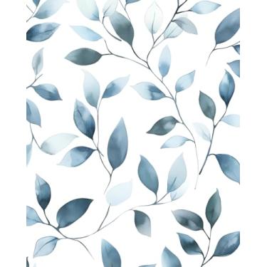 Imagem de Fvlow Papel de parede de folha azul Peel and Stick Boho Floral Leaf papel de contato autoadesivo 44.2 cm x 299.7 cm vintage aquarela floral impermeável papel de parede para banheiro, quarto, bancada
