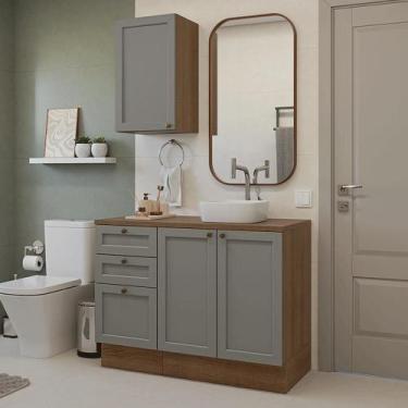 Imagem de Conjunto Gabinete para Banheiro 110cm 3 Gavetas 3 Portas Rustic/Cinza 