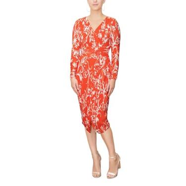 Imagem de RACHEL Rachel Roy Vestido midi feminino Sylvia gola V manga longa coquetel festa com laço ajustável na cintura, Flor coral queimada, GG