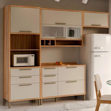 Imagem de Armário de Cozinha Modulada com Balcão e Tampo 7 Portas 5 Gavetas ágata 100% Mdf Vidro Reflecta Amêndoa/Off White - Pnr Móveis