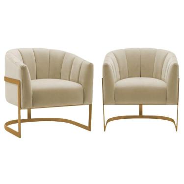 Imagem de Kit 2 Poltronas Decorativas Sala De Estar Recepção Mavie Base De Ferro Dourado Suede Adj Decor Bege