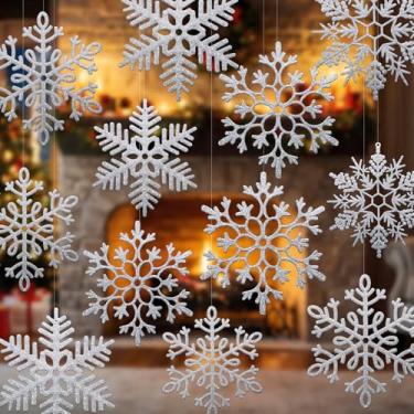 Imagem de Knitgrip 24 peças de enfeites grandes de floco de neve para decoração de árvore de Natal, 25 em 30 cm em glitter, flocos de neve pendurados com cordão para árvore de Natal, janela, guirlanda