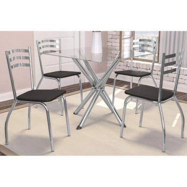 Imagem de Kit Mesa Volga C- Tampo Vidro 90cm + 4 Cadeiras Portugal Cromado Courano Preto