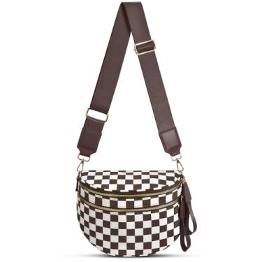 Imagem de Bolsa transversal de nylon quadriculada para mulheres, pochete espaçosa, bolsa transversal quadriculada para cinto, Xadrez marrom, Moderno