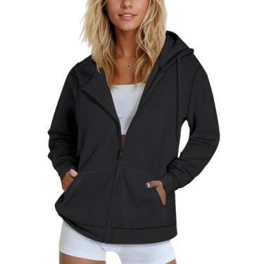 Imagem de Moletom com capuz SMENG preto com zíper feminino leve de algodão 2GG