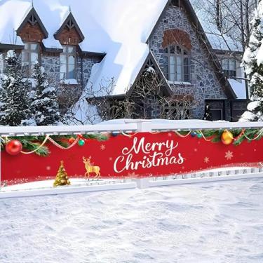 Imagem de HOMETITUTE Banner de Feliz Natal 299,7 x 50,8 cm Bandeira grande vermelha para pendurar no feriado com desenho de árvore de rena dourada banner de natal para cerca varanda parede quintal cenário de