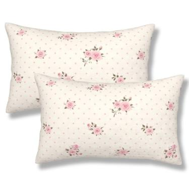 Imagem de ZYNTIRAX Capas de almofada floral com fundo de bolinhas rosas rosa capa de almofada lombar 30 x 50 cm conjunto de 2 fronhas de almofada retangulares com flores rosas chiques gastas para sofá de cama
