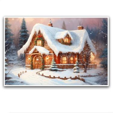 Imagem de Pintura em tela de casa de campo coberta de neve janela brilhante guirlanda festiva estilo natalino frutas vermelhas geada flor de pêssego atmosfera quente adequada para decoração de arte de parede de