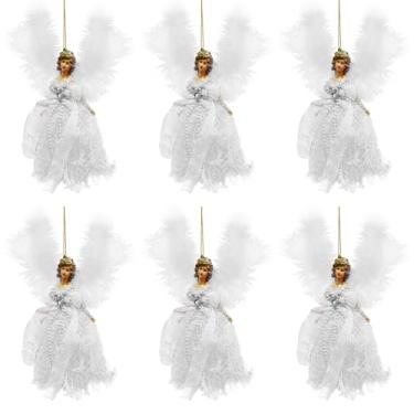 Imagem de Decorações de anjo de Natal penduradas, 6 bonecas de pelúcia com asas de penas brancas e cabelo dourado, ornamentos festivos para árvores de Natal e decoração de casa