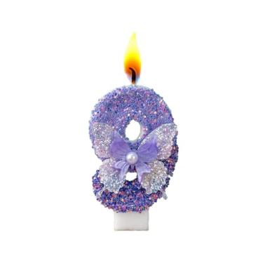 Imagem de Velas com números de aniversário, borboleta roxa para bolo, topo de bolo com glitter com lantejoulas para artigos de festa de casamento (número 9)