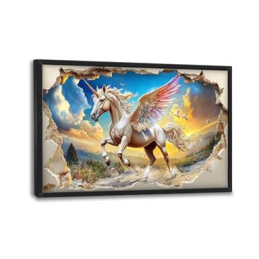 Imagem de Arte de parede de unicórnio para sala de estar, decoração de parede em tela de cavalo branco, pintura emoldurada de imagens de animais coloridas, arte de paisagem natural para quarto, escritório