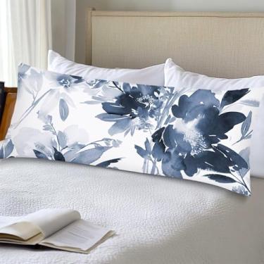 Imagem de Capa de almofada de corpo floral azul e branco 51 x 137 cm azul marinho flores em aquarela fronha longa fronha vintage com fecho de envelope, capas de almofadas florais lombares capa de almofada