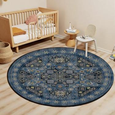 Imagem de Tapete redondo 1,2 m vintage boho pequeno tapete circular lavável tapete redondo antiderrapante para quarto de crianças escritório entrada faculdade dormitório banheiro, azul