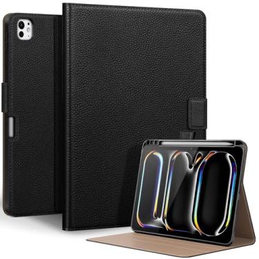 Imagem de Thryxop Capa de couro genuíno para iPad Pro 11 polegadas (M5) 2025 / (M4) 2024 | com suporte para lápis e suporte ajustável, fecho magnético, capa automática para despertar/hibernar | preta