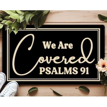 Imagem de YSYTMAT We are Covered Psalm 91 Capacho engraçado para porta da frente antiderrapante para interior e exterior tapete de borracha antiderrapante fofo Welcome 43 x 76 cm engraçado gato preto estilo
