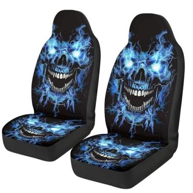 Imagem de gearider Capas de assento de carro de caveira punk gótica azul apenas para assentos dianteiros antiderrapantes antiarranhões proteção de assento concha de veículo pacote com 2 acessórios interiores