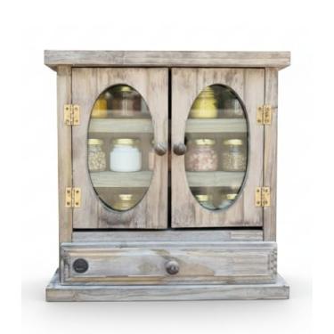 Imagem de Armário Rústico de Madeira com 3 Prateleiras, Portas de Vidro Oval, Gaveta, Acabamento Envelhecido, Organizador de Especiarias e Temperos