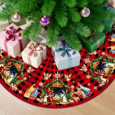 Imagem de Saia para árvore de Natal, saia de presépio xadrez vermelho preto com anjos estrelas design manjedoura, decoração sazonal de Natal (122 cm)