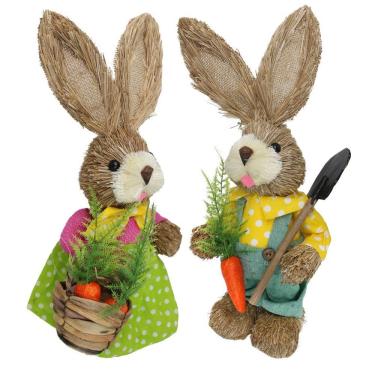 Imagem de Casal De Coelhos De Palha Páscoa Decoração Enfeite Coelhinhos 34cm