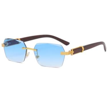 Imagem de Óculos de sol sem aro de luxo, feminino, masculino, moderno, vintage, popular, óculos de sol, armação de metal (azul)