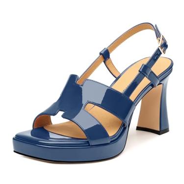 Imagem de ROSERWISH Sandálias femininas de salto alto com plataforma de bloco grosso, bico aberto, salto com tiras, festa de casamento, formatura, moda, slingback, sapato, Azul-marinho, 36 BR