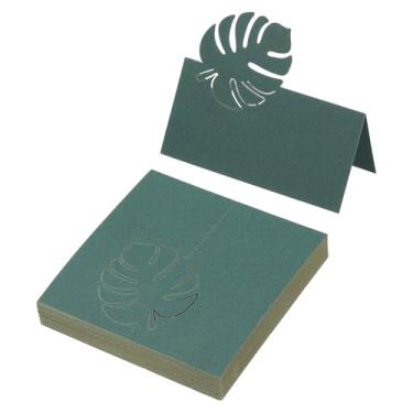 Imagem de PATIKIL 50 cartões de casamento, cartões de nome, folhas de papel com glitter, etiquetas de assento dobradas para mesa buffet de comida, recepção de casamento, jantar, festa, verde-escuro