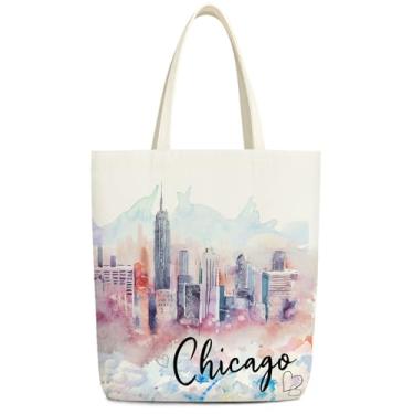 Imagem de Sacola de lona temática da cidade, presentes de lembrança de Chicago, presentes para mulheres, irmãs, estéticas, fofas, presentes para Natal, aniversário, mãe, reutilizável, sacola de supermercado
