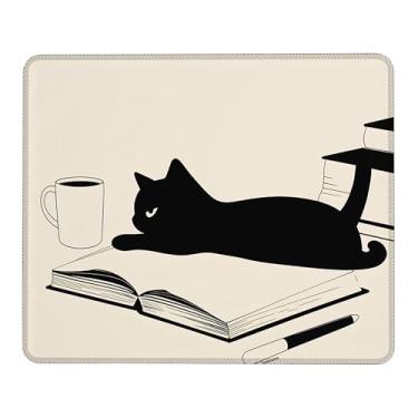 Imagem de Tapete de rato quadrado preto malicioso gato fofo tapete de rato com borda costurada, pano lavável, base de borracha antiderrapante, mouse pad para computador sem fio 24 x 19 cm
