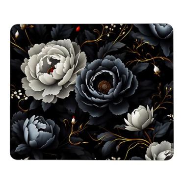 Imagem de Tapete de mouse quadrado com borda costurada, preto e branco floral pano lavável. Mouse pad de computador com base de borracha antiderrapante, mouse pad para computadores, laptop, mouse 24 x 19 cm