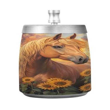 Imagem de SEHANY Cinzeiro majestoso para cavalos de corrida com tampa para cigarro, à prova de vento, sem fumaça, aço inoxidável, cinzeiro para uso interno, externo, grande, inodoro, para fumantes, decoração de