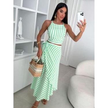 Imagem de CONJUNTO FEMININO SAIA MIDI ENVELOPE E TOP CROPPED REGATA ALCINHA LISTRADO-Feminino