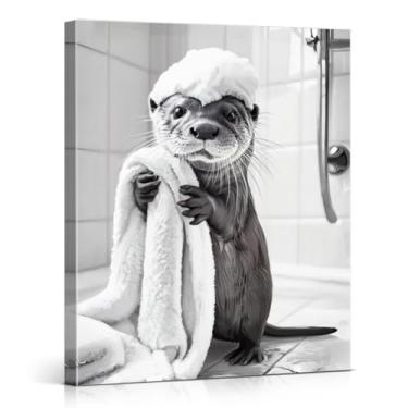 Imagem de Lontra engraçada em roupão de banho impressão de arte de parede preto e branco lontra imagem moderna decoração de parede para banheiro tela emoldurada 20 x 25 cm