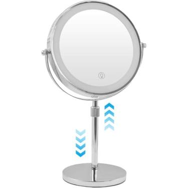 Imagem de Espelho de Aumento com Iluminação Mor, Rotação 360°, Espelho de Ampliação 1x/10x, Espelho de Maquiagem, Altura Regulável para Cima e para Baixo, Três Cores de Luz