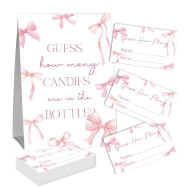 Imagem de Placa Guess How Many Candies (1 placa de pé e 50 cartões de adivinhação) Kit de cartas de jogo de atividades com tema de arco rosa para chás de bebê, festas de recém-nascidos, chá de noivado de