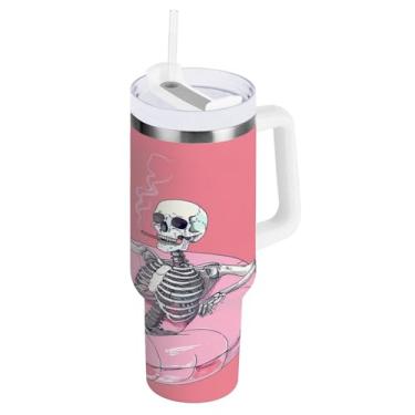 Imagem de Kigai Copo de café para beber caveira de 850 g com tampa e canudo, à prova de vazamento, copo isolado de aço inoxidável durável com alça, garrafas de água à prova de derramamento para viagens