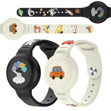 Imagem de Vanet Compatível com pulseiras AirTag à prova d'água para crianças, pacote com 2 pulseiras de silicone com suporte oculto, cobertura total, design fofo de desenho animado, rastreador GPS leve, faixas