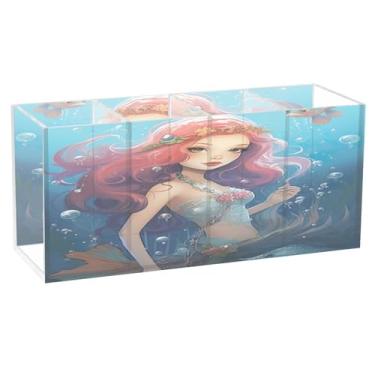 Imagem de Qilmy Lindo suporte de caneta de acrílico para meninas sereia, 3 compartimentos, porta-lápis transparente para mesa, organizador de pincéis de maquiagem, copo organizador de lápis para escritório