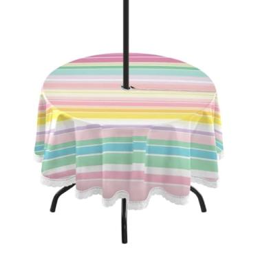 Imagem de CEBUGI Toalha de mesa redonda para uso externo, listrada, colorida, impermeável, com furo Umberlla, capa de mesa lavável para pátio, cozinha, sala de jantar, 152 cm