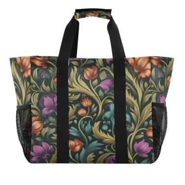 Imagem de Wassud Sacolas de compras reutilizáveis florais verde-escuro grande bolsa organizadora de lona impermeável para praia, piquenique, lavanderia, viagem