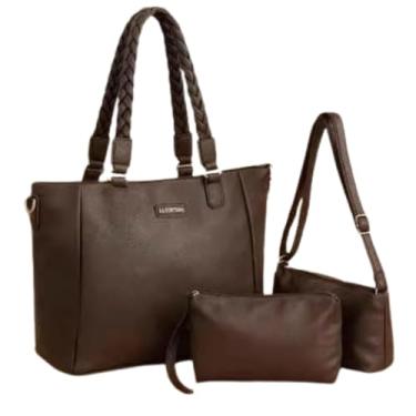 Imagem de Kit 3 Peças Bolsa Feminina Estilo Tote, Couro Sintético, Marrom, com Alça Trançada, Bolsa Transversal e Necessaire