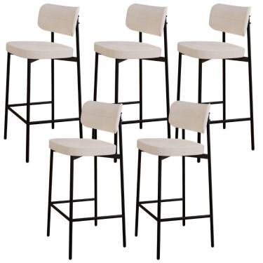 Imagem de Kit 05 Banquetas Alta Bar Cozinha Sala De Jantar Aço Preto Kaira C01 Linho Palha - Lyam Decor