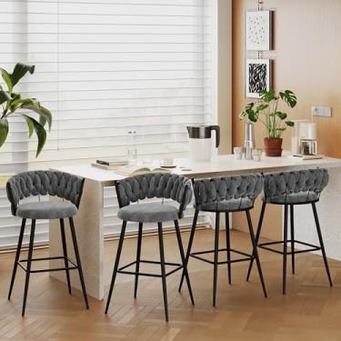 Imagem de Alunaune Conjunto de 4 banquetas de veludo de 66 cm, bancos de bar estofados com altura de balcão com encosto, banquetas de bar de ilha de cozinha, cadeira lateral para sala de jantar de pub - cinza