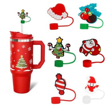 Imagem de LmashRbaiw Tampas de palha para copos, topo de canudo Stanley de Natal de 10 mm, tampas de silicone de Papai Noel fofas reutilizáveis para canudos, plugues protetores portáteis, decorações presentes
