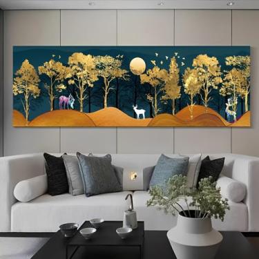 Imagem de Arte de parede em tela rústica vintage veado na floresta dourada sob a lua - Pôster sem moldura de 30 x 91 cm - Ideia de presente para decoração de casa e escritório para sala de estar, quarto