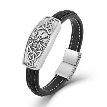 Imagem de Wisbal Pulseira masculina de couro viking de aço inoxidável Odin Bússola joia para ele, 8.3", Sem Pedra Preciosa