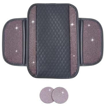 Imagem de arricraft Conjunto de 3 peças de acessórios de carro brilhantes, incluindo 1 peça Bling capa de console central de carro 2 peças tapete redondo para carro, protetor de apoio de braço automotivo