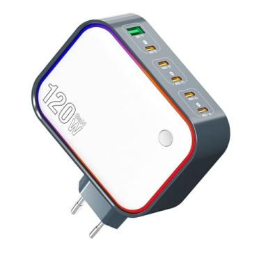 Imagem de Fockety Carregador USB C de 120 W, Bloco de Carregador GaN para Vários Dispositivos de 6 Portas, Adaptador de Energia GaN Compacto de Carregamento Rápido para Laptops, Tablets (EU)