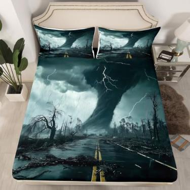Imagem de Erosebridal Jogo de cama solteiro de desastre natural, para crianças, meninos, meninas, relâmpago, nuvem escura, furacão, macio, respirável, lençol com elástico, 2 peças