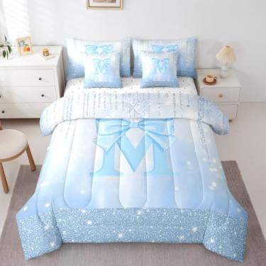 Imagem de Feelyou Conjunto de edredom Queen com laço azul e laço para crianças, meninos, meninas, letra M, 7 peças, cama de princesa com glitter, laço fofo, alfabeto, microfibra leve e macia