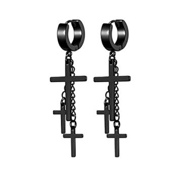 Imagem de Brincos exclusivos de pingente de borla com cruz e prata preta, presente de Natal, aniversário, para homens, mulheres, filha, filho, irmã, aço inoxidável, One Size, Metal, Sem pedra preciosa